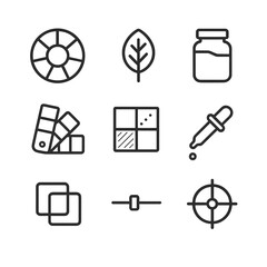 Color Technique Icons. Outline icon set of color palette and dye techniques: color wheel, natural dye leaf, pigment jar, gradient