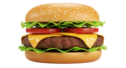 A close up shot of a burger with lettuce tomato cheese and a beef patty on a sesame seed bun on transparent background