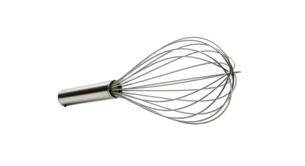 A close up view of a metal whisk with a silver handle on a black background in a studio setting on transparent background
