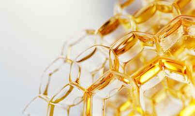 Gold honeycomb cell pattern background. Cosmetic premium oil serum, collagen, coenzyme