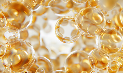 Golden liquid oil serum collagen in bubbles. Cosmetic and luxury product backgrounds.