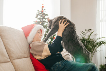 Portrait of a boy and his grey cat, boy in santa claus hat hugging his pet while sitting on sofa next to a decorated Christmas tree.