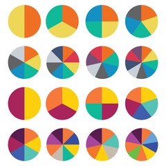 Set of round colorful infographic pie charts, template segment of circle icons 0% - 100%, simple flat design loading data interface elements app button ui ux web, vector isolated on white background 