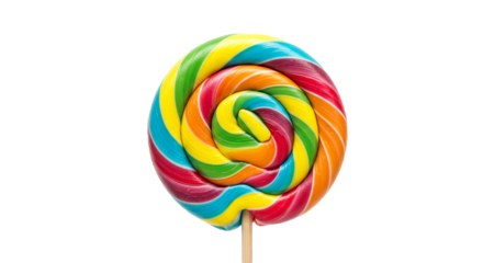 A brightly colored rainbow lollipop with a swirl pattern on a wooden stick isolated on black on transparent background