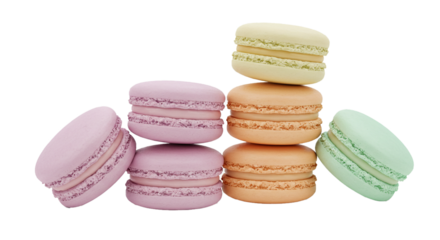 A stack of colorful macarons in pastel shades including pink orange green and yellow on black background on transparent background