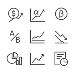 Fototapeta premium Finance Metrics Icons. Outline icon set of performance metrics: net asset value, ROI, alpha, beta, Sharpe ratio, drawdown, expense