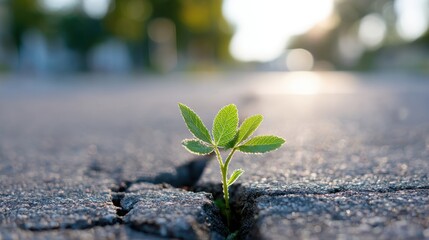Green sprout emerging from a crack in asphalt, sunlight shining on it, symbolic of resilience and new beginnings