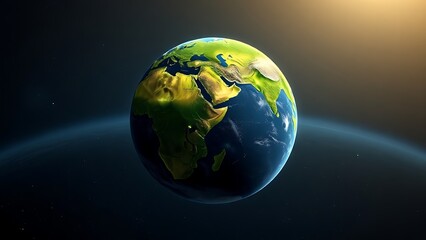 Fototapeta premium Earth globe floating in space, lush green continents glowing with an atmospheric effect.