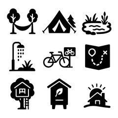 Fototapeta premium Eco-Resort Icon Set. Solid, filled icons set of eco-resort outdoor settings: hammock in nature, glamping tent,