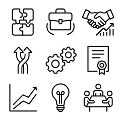 Joint Venture Icons. Outline icon set of Joint venture processes: puzzle pieces fitting, shared briefcase, handshake over chart,