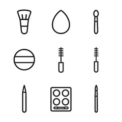 Makeup Tools Icons. Outline icon set of makeup tools and brushes: foundation brush, eyeshadow brush, blending sponge, lip brush,