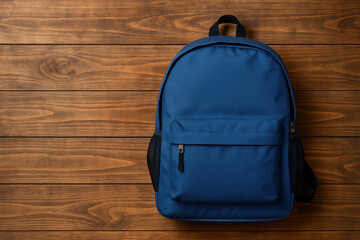 Blue backpack lying on wooden table ready for school