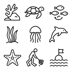Fototapeta premium Marine Biodiversity Icons. Outline icon set of marine biodiversity protection: coral reef, sea turtle, fish school, seagrass,