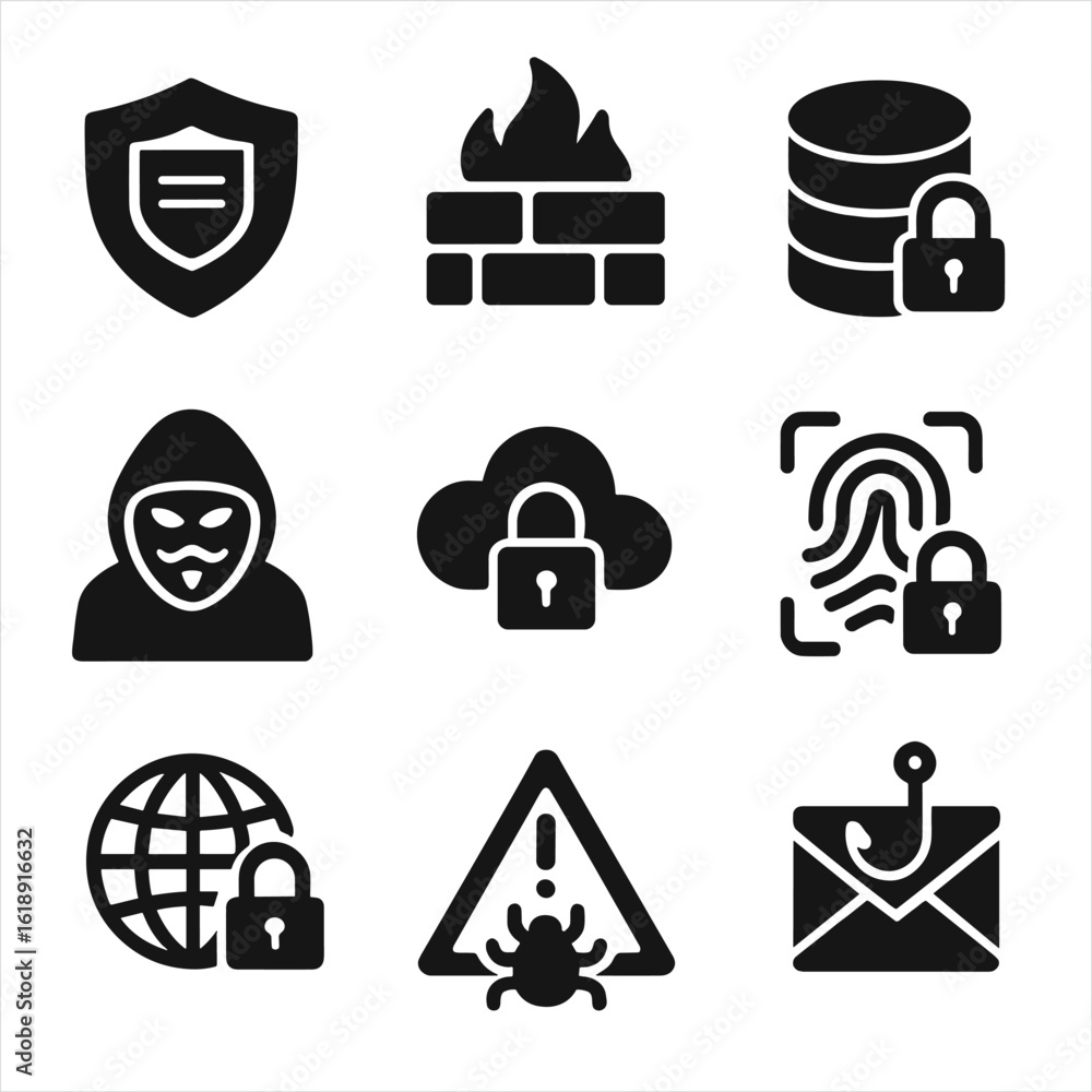Poster cybersecurity icon set. solid, filled icon set of cybersecurity in the age of big data: data shield,