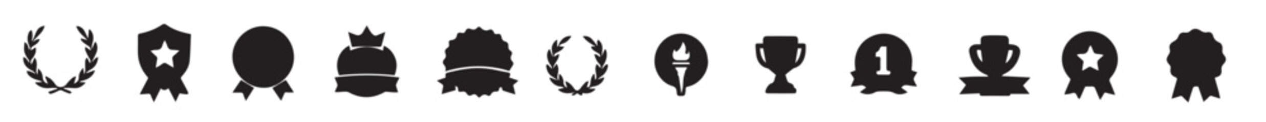 Set of Black Vector Badges Featuring Winner, Achievement, and Top-Rated Themes, Editable Formats: AI, EPS, JPG, PNG, Ideal for Both Digital and Print Use
