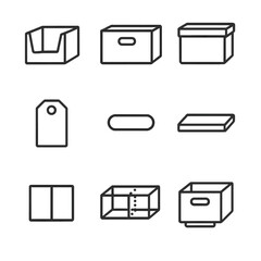 Modular Storage Icons. Outline icon set of modular storage bins: stackable bin, fabric box, clear container, label tag, handle