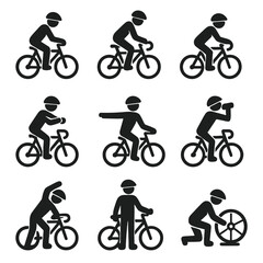 Fototapeta premium Cyclist Actions Icons. Solid, filled icon set of cyclist actions: pedaling, standing on pedals, turning handlebars, checking watch
