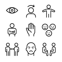 Non-Verbal Icons Set. Outline icon set of non-verbal communication cues: eye contact symbol, nodding head, open posture silhouette