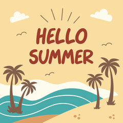 Fototapeta premium A Cheerful Beach Scene Welcoming the Summer Season With Palm Trees and Sandy Shores With Fun