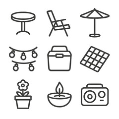Patio Icon Set. Outline icon set of patio outdoor setup: patio table, lawn chair, umbrella, string lights, cooler, picnic blanket,