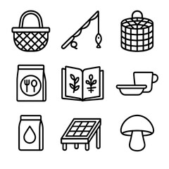 Self-Sufficient Icon Set. Outline icon set of self-sufficient food sourcing: wild foraging basket, fishing rod, portable trap,