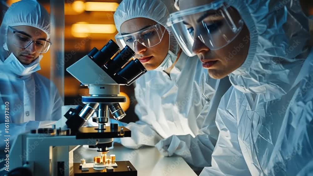 Poster scientists in lab coats use microscope examining vials in a bright lab