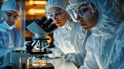 Scientists in lab coats use microscope examining vials in a bright lab - Powered by Adobe