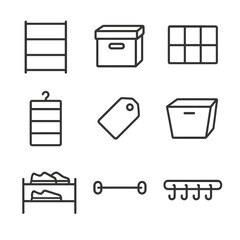 Storage Solutions Icons. Outline icon set of storage and organization solutions: shelving unit, storage box, drawer divider,