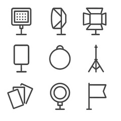 Studio Lighting Icons. Outline icon set of studio lighting accessories: LED panel, softbox, barn doors, diffusion panel, reflector