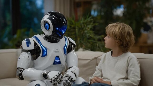 AI-driven humanoid robot engages with a child in a well-lit living room, showcasing advanced emotional intelligence.