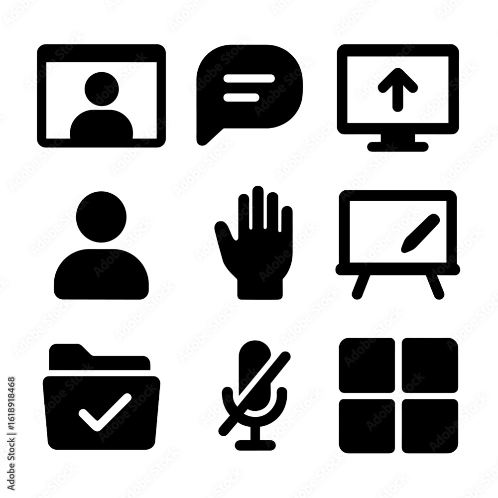 Poster digital classroom icons. solid, filled icons set of digital classroom interface: video call window, 