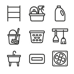 Utility Room Icons. Outline icon set of utility room organization: storage shelf, cleaning caddy, detergent bottle, mop bucket,