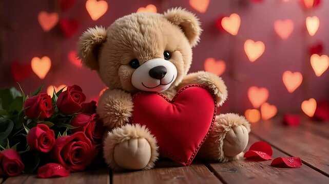 Teddy bear holding a red heart with roses and blurred heart shaped lights in the background