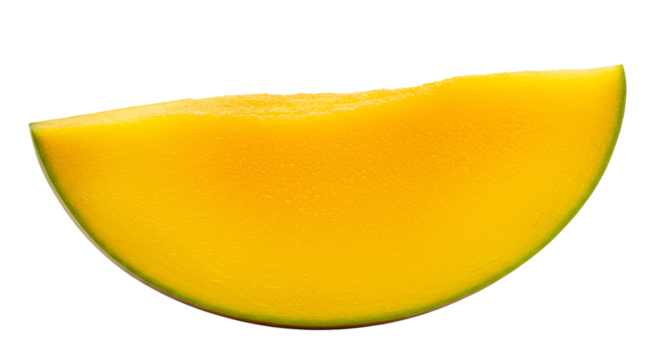 Isolated image of a single mango slice with vibrant yellow color against a black background space on transparent background