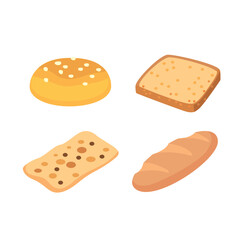 Slices of bread, pastries, flour products, burger bun, grain bread. Organic healthy food. Carbohydrates.