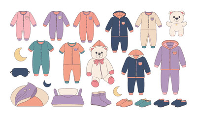 Modern vector illustrations with soft children's sleepwear and bedtime accessories, pajama sets (tops and bottoms), onesies, hooded sleepwear, slippers, socks, and bedtime accessories easily editable.