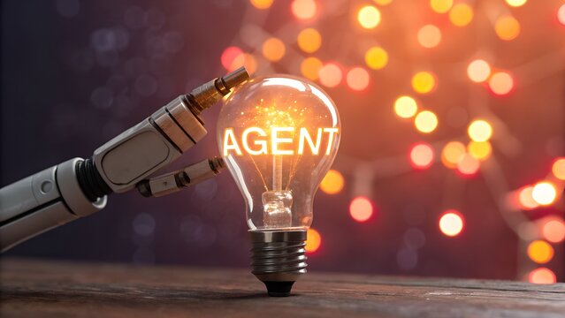 Robot hand holding a light bulb with the word agent illuminated inside