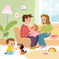 Family at home. Father, mother and kids sitting together in the living room, talking , spending time together and playing with puppy. Parents spend time at home and play with children.
