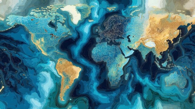 world map abstract blue gold
