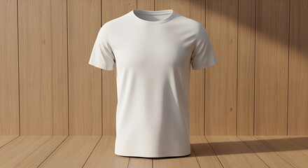 A plain white t-shirt is displayed against a wooden panel background, casting a soft shadow.