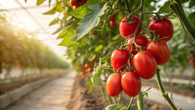 Ripe red roma tomatoes growing on the vine in a greenhouse