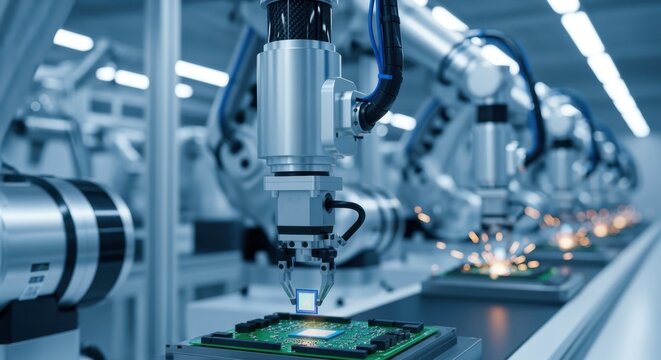 Closeup of factory robots installing microchips in an electronics manufacturing line.