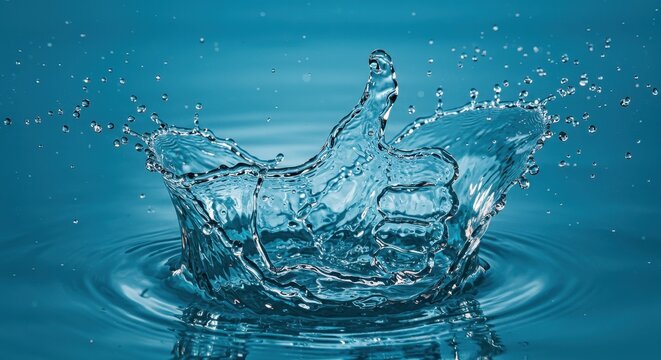 liquid splash forming thumbs up shape against blue background. concept of purity. national water quality month. aqua-themed design, environmental campaign.