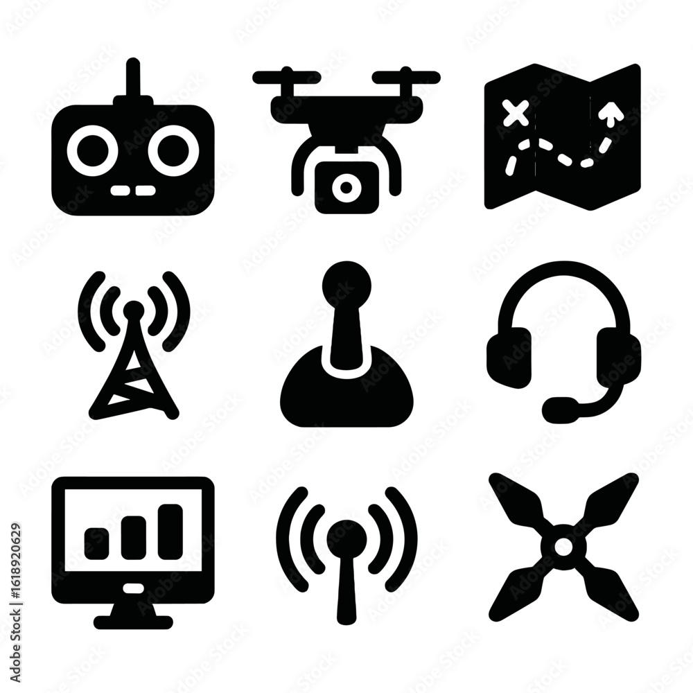 Poster drone control icon set. solid, filled icon set of drone control operations: controller device, drone