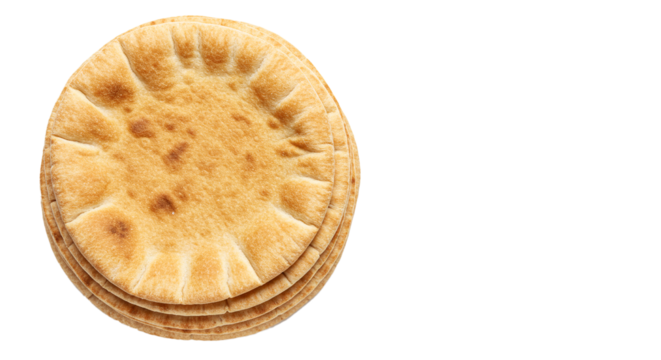 A stack of four round flatbreads with a golden brown color on a white and black background space on transparent background