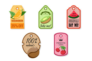 A tag with a hole at the top, elegant and creativity for labeling purposes juices, jams and different foods. Packaging tags with coffee, cherry, kiwi, orange, watermelon