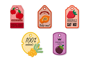 A tag with a hole at the top, elegant and creativity for labeling purposes juices, jams and different foods. Packaging tags with apple, papaya, strawberry, seabuckthorn, mangosteen