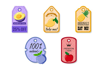 A tag with a hole at the top, elegant and creativity for labeling purposes juices, jams and different foods. Packaging tags with plum, golden mango, pineapple, blueberry, apple