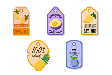 A tag with a hole at the top, elegant and creativity for labeling purposes juices, jams and different foods. Packaging tags with pear, plum, golden mango, pineapple, blueberry