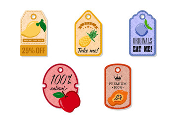 A tag with a hole at the top, elegant and creativity for labeling purposes juices, jams and different foods. Packaging tags with golden mango, pineapple, blueberry, apple, papaya